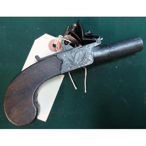 51 - Flintlock pocket pistol by Clark of London with 1.5inch turn off barrel and folding trigger action s... 