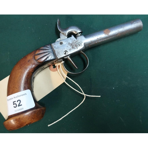 52 - Belgian percussion cap pocket pistol with 3 inch barrel and carved walnut grip stamped B&C
