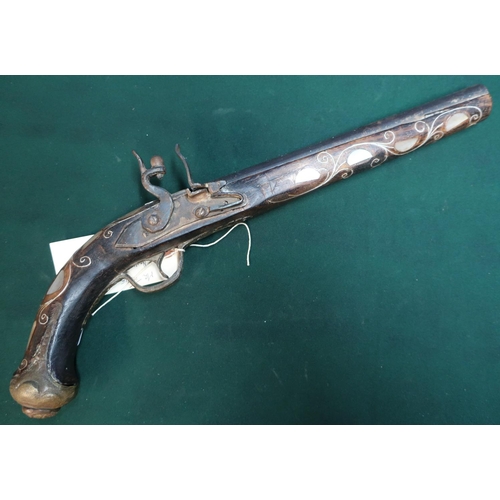 57 - Turkish style decorative flintlock pistol with 10 inch barrel with brass mounts and mother of pearl ... 