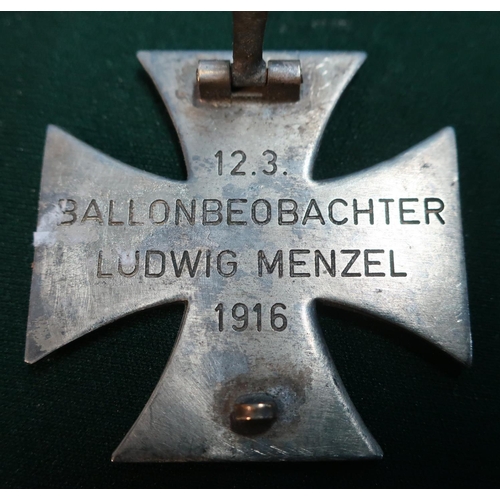 9 - German WWI iron cross breast badge with lapel pin No.12.3 Ballonbeobachter Ludwig Menzel, 1916
