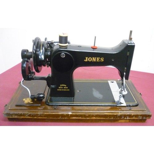 207 - Jones hand sewing machine in wooden case, and two Italian musical needlework sewing tables (3)