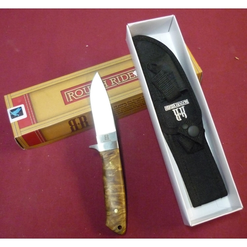 201 - Boxed as new Rough Rider sheath knife 3 1/2 inch blade and two piece burr wood grip, complete with s... 