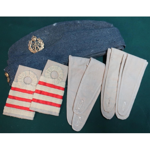 144 - WWII period RAF side cap, a small selection of various epaulettes and navy rank epaulettes