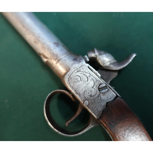 147 - 19th C percussion cap pocket pistol with 3 inch turn off barrel and engraved scrollwork to the top