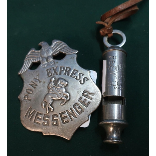 163 - EMCA Boy Scouts whistle with leather fob, an American style Pony Express Messenger badge (2)