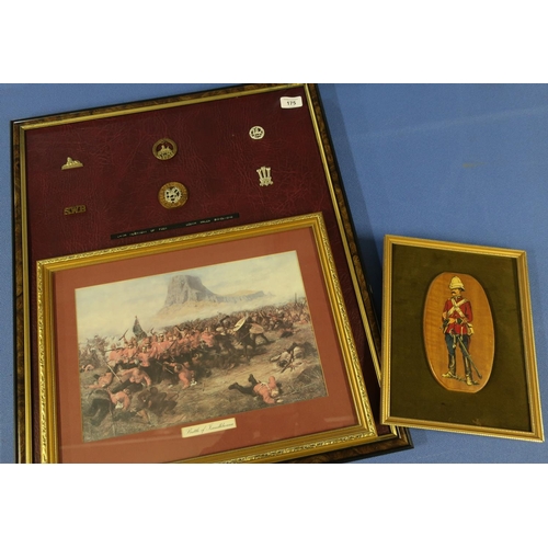 175 - Framed montage of the Battle of Isandlwana and various badges relating to 24th regiment on foot (Sou... 