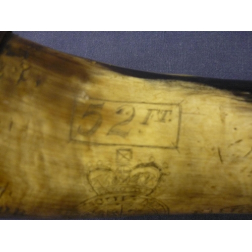 100 - Mid - late 18th C Infantryman's  powder horn inscribed '52FT for King and Regiment' surrounded by Ki... 