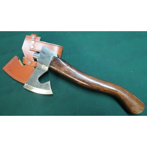 71 - Swedish hand axe with well figured walnut shaft and damascus steel head with tan leather belt carryi... 