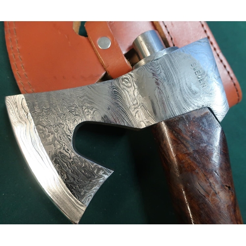 71 - Swedish hand axe with well figured walnut shaft and damascus steel head with tan leather belt carryi... 