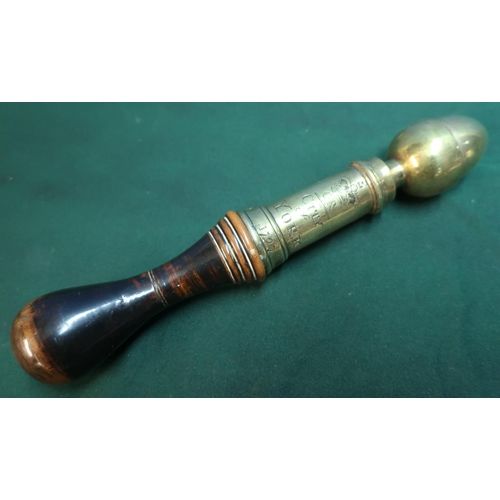 83 - Small brass tip staff with acorn finial engraved with crowned GR City of York 1797, with turned ebon... 