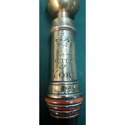 83 - Small brass tip staff with acorn finial engraved with crowned GR City of York 1797, with turned ebon... 