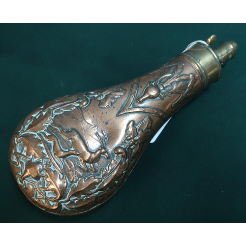 97 - 19th C brass and copper powder flask by G and J.W Hawksley, embossed with deer hunting and oak leave... 