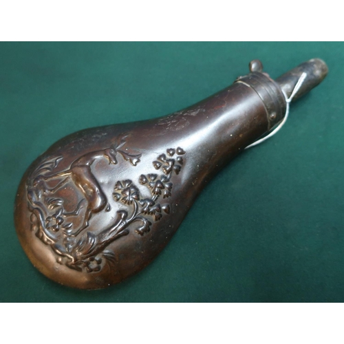 98 - 19th C copper powder flask with embossed scene of a stag