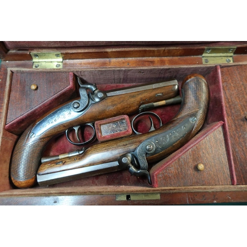 181 - Cased pair of percussion cap pistols by D. Egg, converted from flintlock, with 4 1/4 inch octagonal ... 