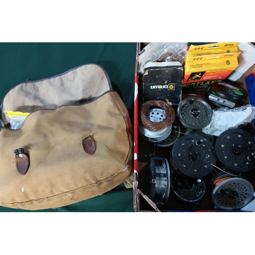 464 - Leeda, Ryobi and other fly fishing reels, spools, with two Cortland full sinking type lines  and a s... 