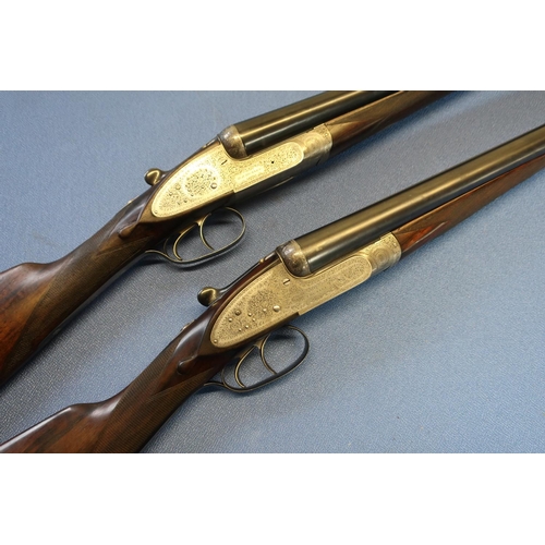 588 - Cased pair of Hussey & Hussey 12B side by side sidelock ejector shotguns, with 28 inch barrels, 2 1/... 