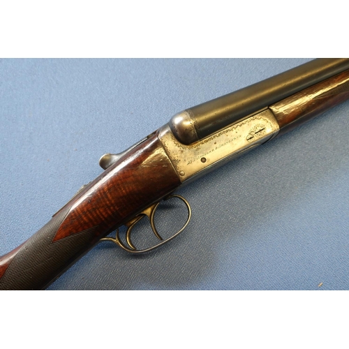 694 - AYA 12 bore side by side shotgun with 28 inch barrels and 14 3/4 inch straight through stock, serial... 