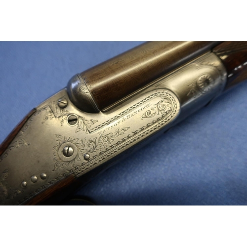 702 - Cased Watson & Hancock 20B side by side side plated shotgun with 28 inch Damascus barrels, choke CYC... 