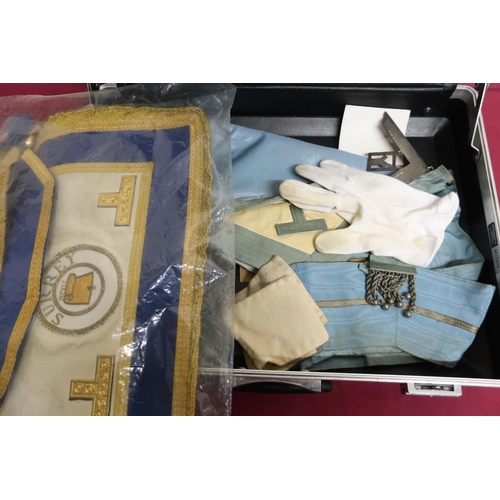 107 - travel trunk with various masonic Freemasons aprons, badges and other regalia