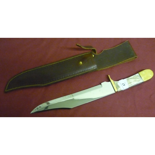 47 - Large Harry Boden bowie knife with 9.5 inch blade, brass mounts and two piece samba horn grips compl... 