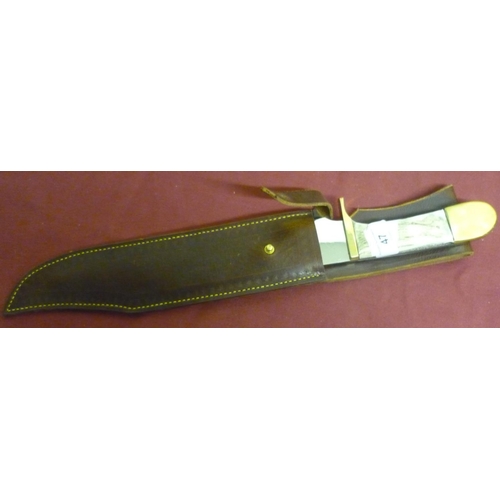 47 - Large Harry Boden bowie knife with 9.5 inch blade, brass mounts and two piece samba horn grips compl... 