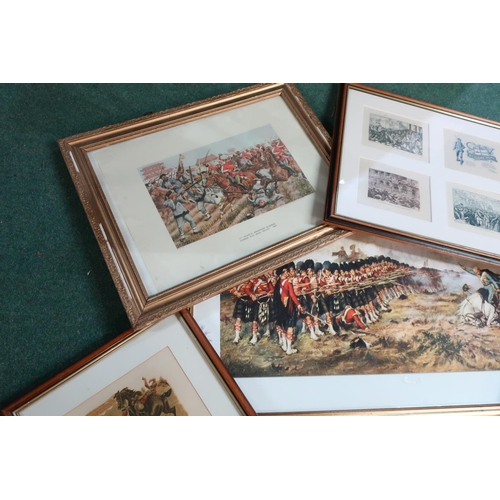 160 - Selection of various framed military prints, pair of Victorian scrap work style gallantry prints, th... 