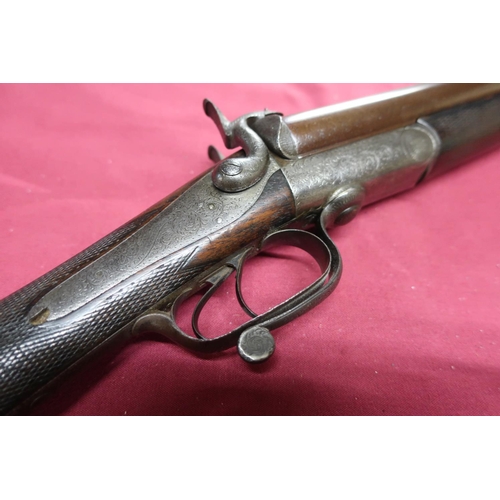 185 - J. Blanch & Son 12 bore pinfire side by side hammer gun with 30 inch Damascus barrels and fine scrol... 