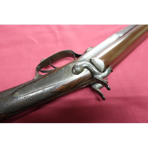 185 - J. Blanch & Son 12 bore pinfire side by side hammer gun with 30 inch Damascus barrels and fine scrol... 