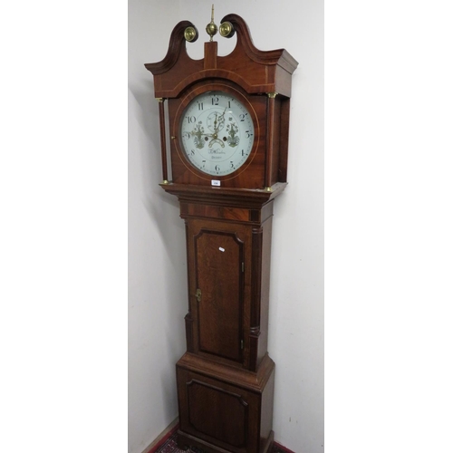 111 - 19th C mahogany crossbanded oak long cased clock, circular Arabic dial with subsidiary seconds and c... 