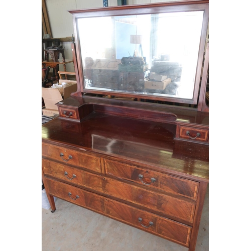 108 - Edwardian inlaid mahogany dressing chest with bevelled edged mirror and two drawers above two short ... 