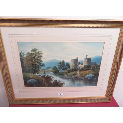 74 - F.D. Harrison (19th C): Ruined Castle In A Lakeside Landscape, watercolour, signed, (30cm x 52cm)