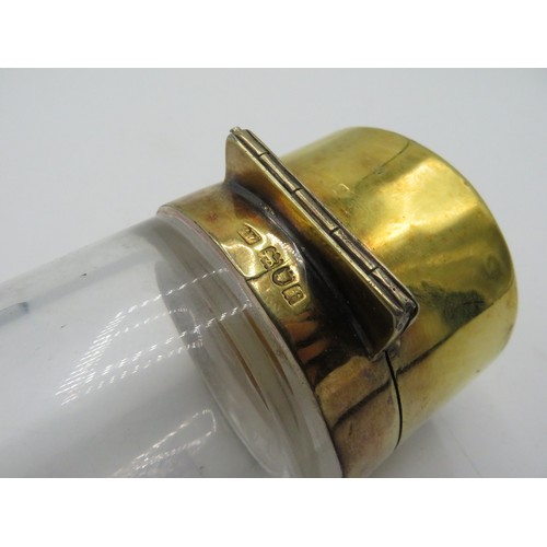 2 - Large Edw. VII clear glass cylindrical scent bottle, silver gilt hinged lid and collar hallmarked Lo... 