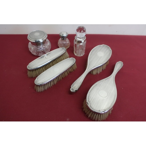 3 - Two pairs of Geo. V engine turned silver hallmarked hairbrushes, Birmingham 1925, cut glass dressing... 
