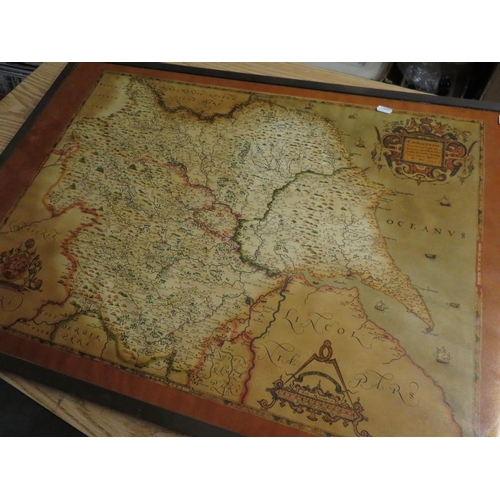 369 - Reproduction 16th C map of Yorkshire in lacquered brass frame (89cm x 61.5cm)