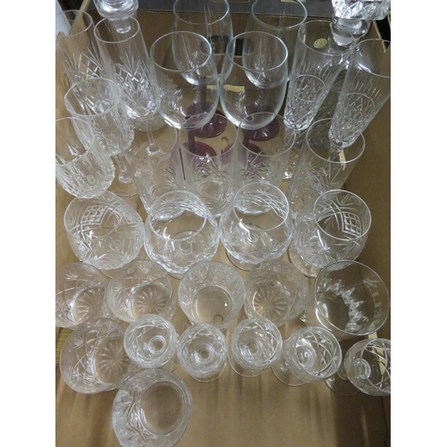 45 - Two lead crystal decanters, set of four wines with plum tint stems, four lead crystal brandy balloon... 