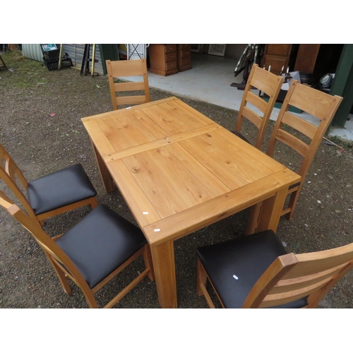 46 - Rectangular extending oak kitchen table on square supports L125cm x W89cm, and a set of six high lad... 