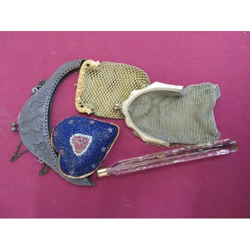 20 - Gilt overlay square scent bottle, two ladies mesh evening purses, heart shaped beadwork pin cushion ... 