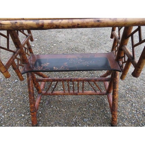 245 - Victorian bamboo two tier rectangular writing table, square top inset with chinoiserie style birds, ... 