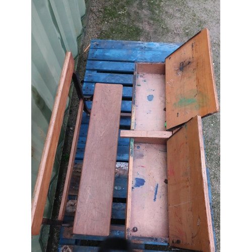 104 - Vintage metal framed twin school desk, two lift up compartments and folding bench seat W91cm