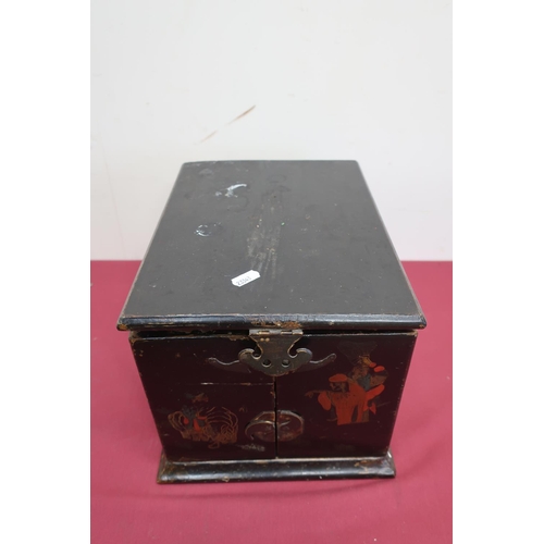 76 - Japanese lacquered travelling dressing table box with hinged top, mirrored section and two fold out ... 