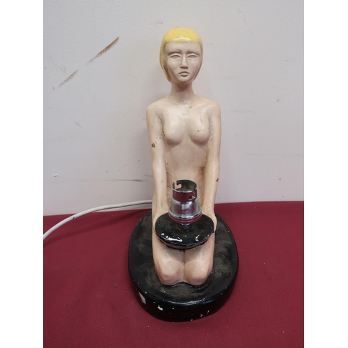 79 - Art deco painted plaster cast table lamp in the form of a naked kneeling lady H26cm