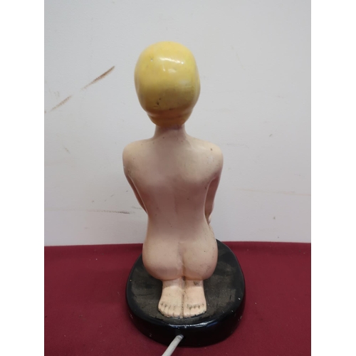 79 - Art deco painted plaster cast table lamp in the form of a naked kneeling lady H26cm