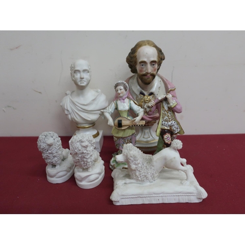 83 - Three bisque figures of poodles, two continental porcelain figures of a couple, small ceramic bust o... 