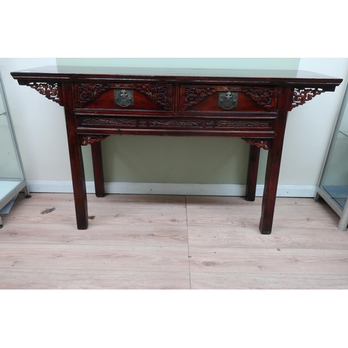 194 - Chinese altar table, overhanging top with two drawers with carved detail above similar frieze on squ... 