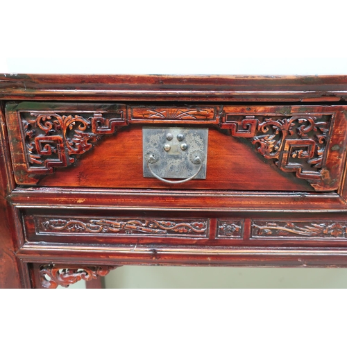 194 - Chinese altar table, overhanging top with two drawers with carved detail above similar frieze on squ... 