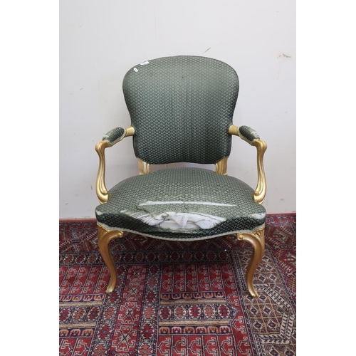 193 - 20th C French style giltwood framed open armchair with silk work upholstered back, seat and arms, on... 