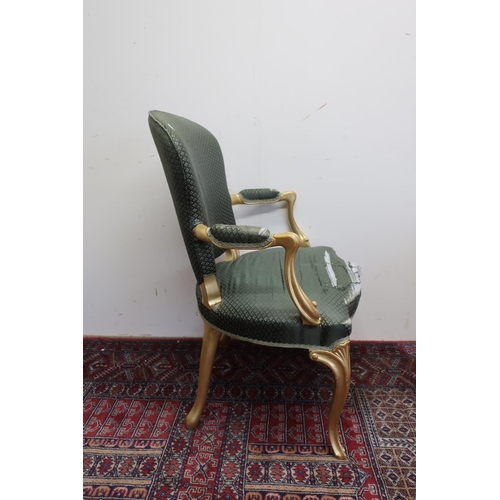 193 - 20th C French style giltwood framed open armchair with silk work upholstered back, seat and arms, on... 