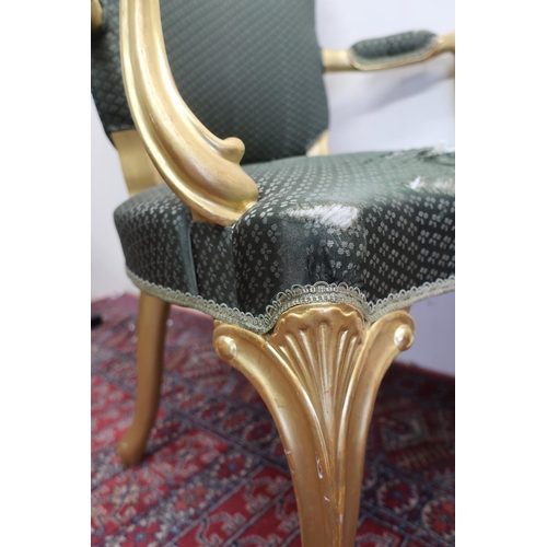 193 - 20th C French style giltwood framed open armchair with silk work upholstered back, seat and arms, on... 