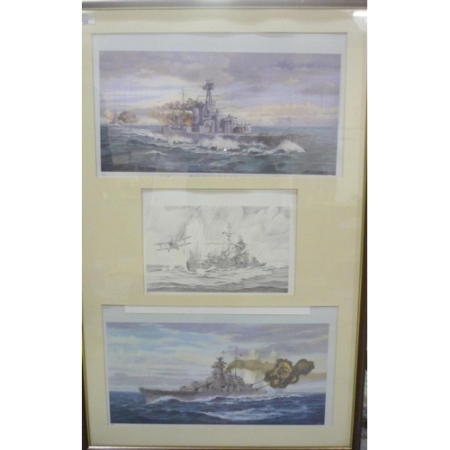 150 - Framed set of three limited edition HMS Hood prints No238/350 by SN Fisher 68cm 105cm