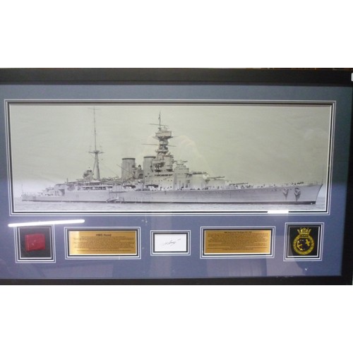 50 - Large framed display for HMS Hood, featuring a large black and white photograph of the ship, a fragm... 